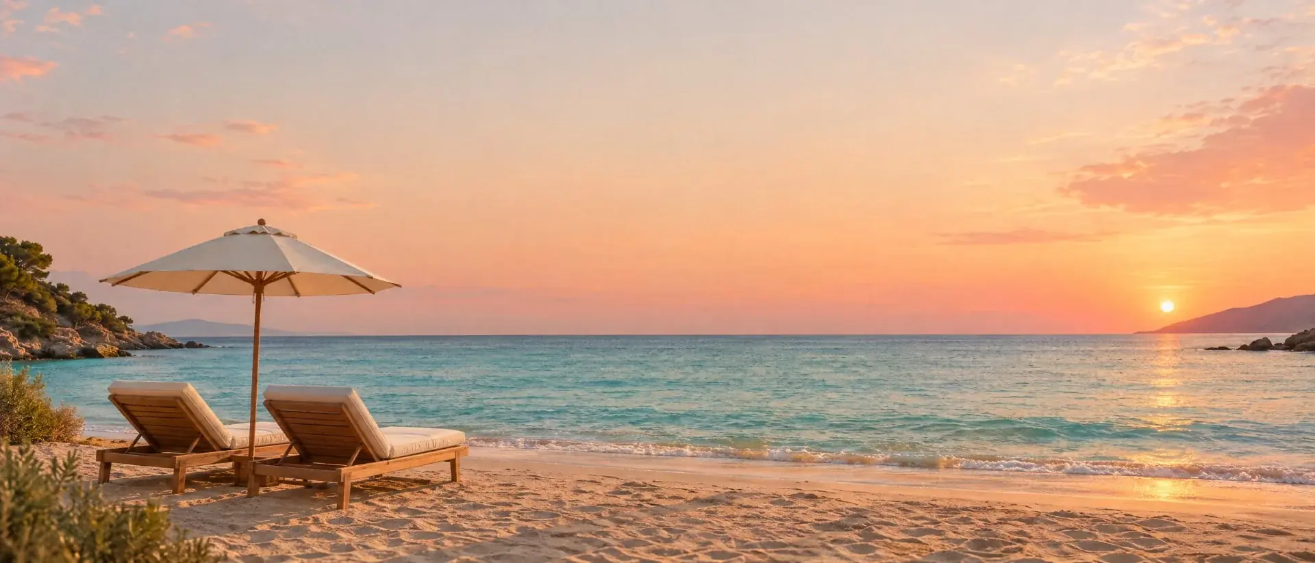 Ruhiger Strand bei Sonnenuntergang mit zwei Liegen am Meer